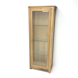  Solid light oak display cabinet, single door, three glazed shelves, W65cm, H171cm, D35cm  