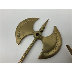 Ornamental cast-brass double-headed axe, together with another similar, H44cm