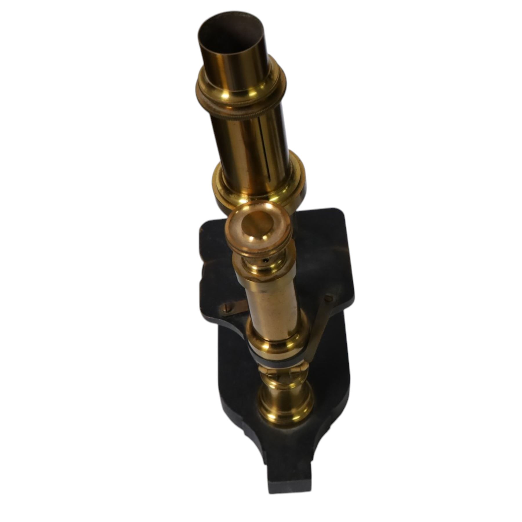 19th century brass monocular microscope by Hartnack & Prazmowski, in fitted case incscribed David Marr London, with two eyepieces, together with two further brass monocular microscopes