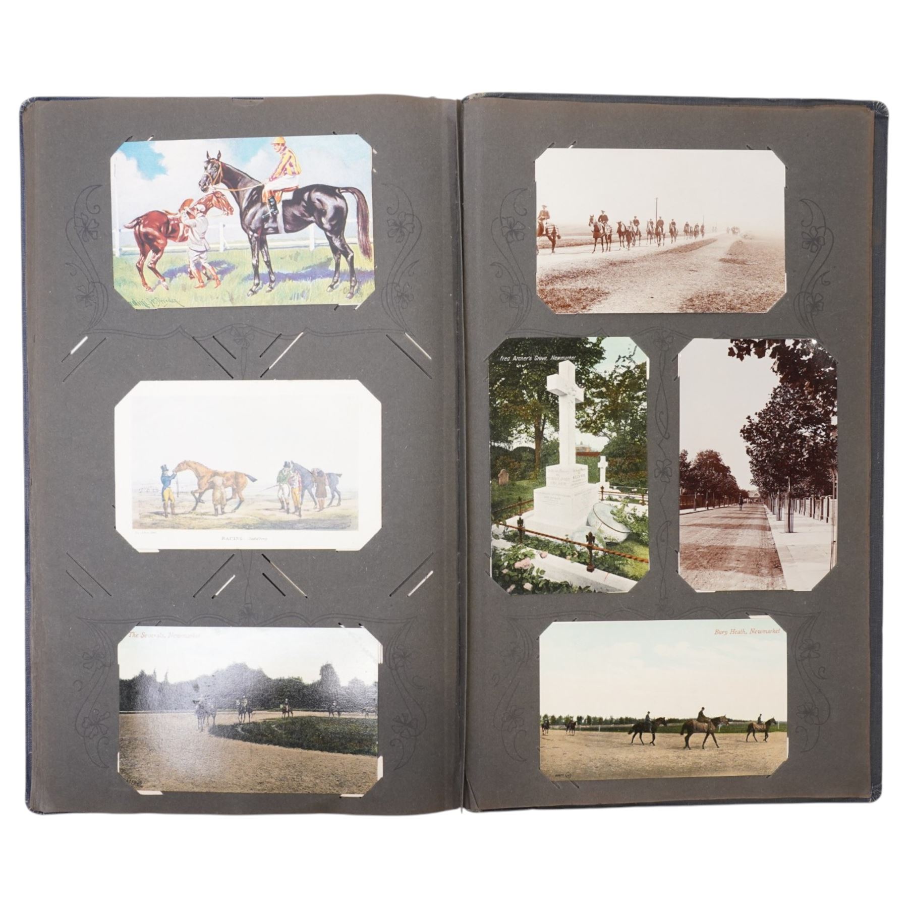 Early 20th century postcard album, belonging to Jockey John Edward (Jack) Leach, born Nov. 1901, with hand coloured pages including twenty two coloured cards from the Jockey Series, silhouette card signed F Winter, other jockey and racing cards, fox hunting, seven Racing Pigeon cards etc (141)
