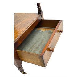 Early 19th century mahogany whatnot, with four rectangular shelves, the lower shelf fitted with a single drawer, supported by slender turned columns, raised on turned supports with brass castors