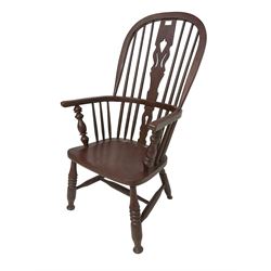 19th century painted elm and beech Windsor armchair, stick and pierced splat back, on turned supports with H-shaped stretchers