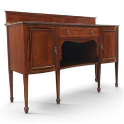 Edwardian mahogany and satinwood sideboard, shaped top with galleried back, with freize dr...