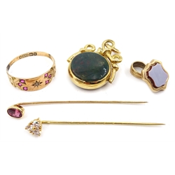  Victorian ruby and diamond ring Birmingham 1899, hardstone fob hallmarked 9ct, shield seal fob, ruby stick pin and a three stone set pin stamped 750  