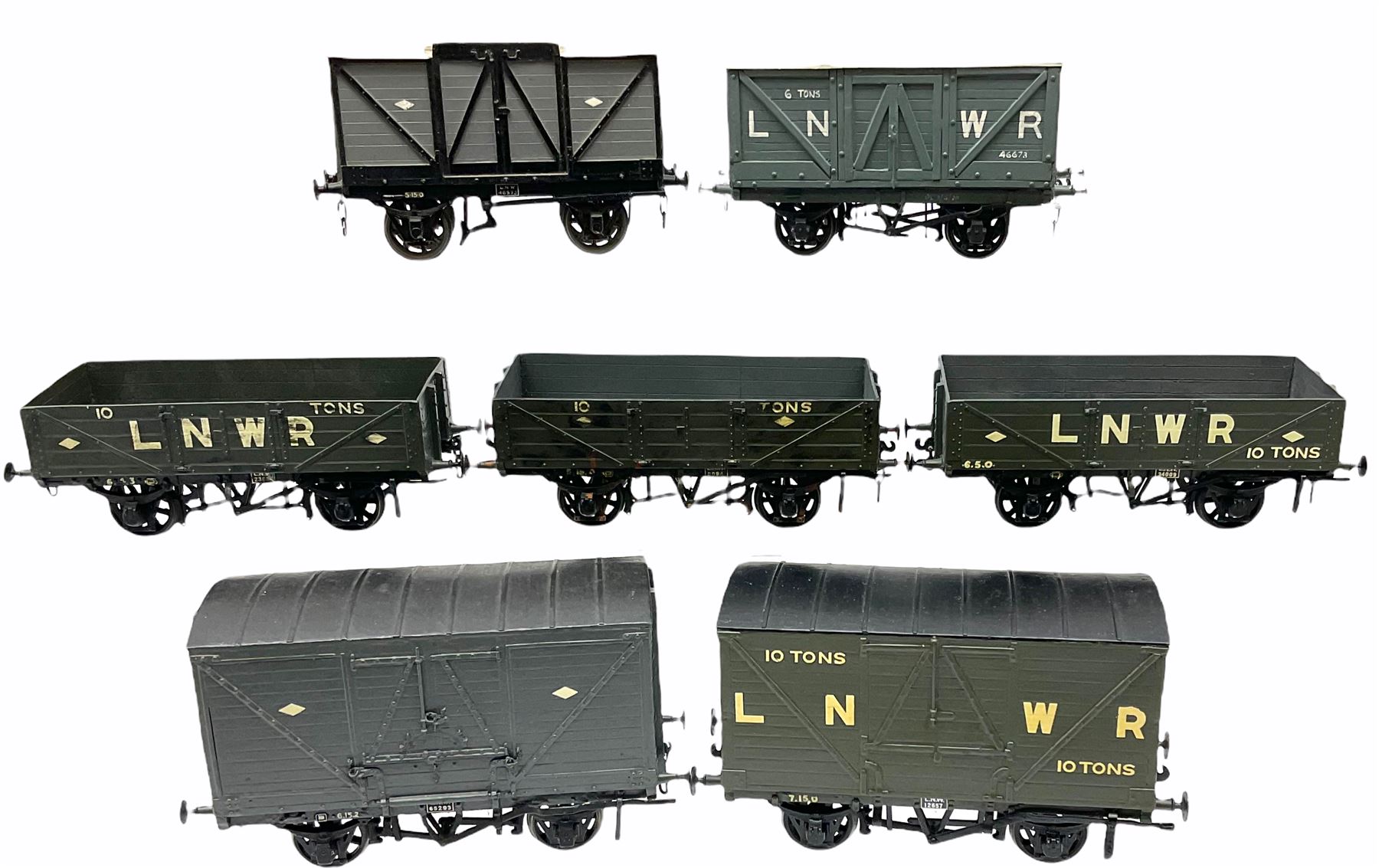 '0' gauge - seven scratch-built LNWR wagons including 10-ton covered wagon, three other covered wagons and three open wagons; all unboxed (7)