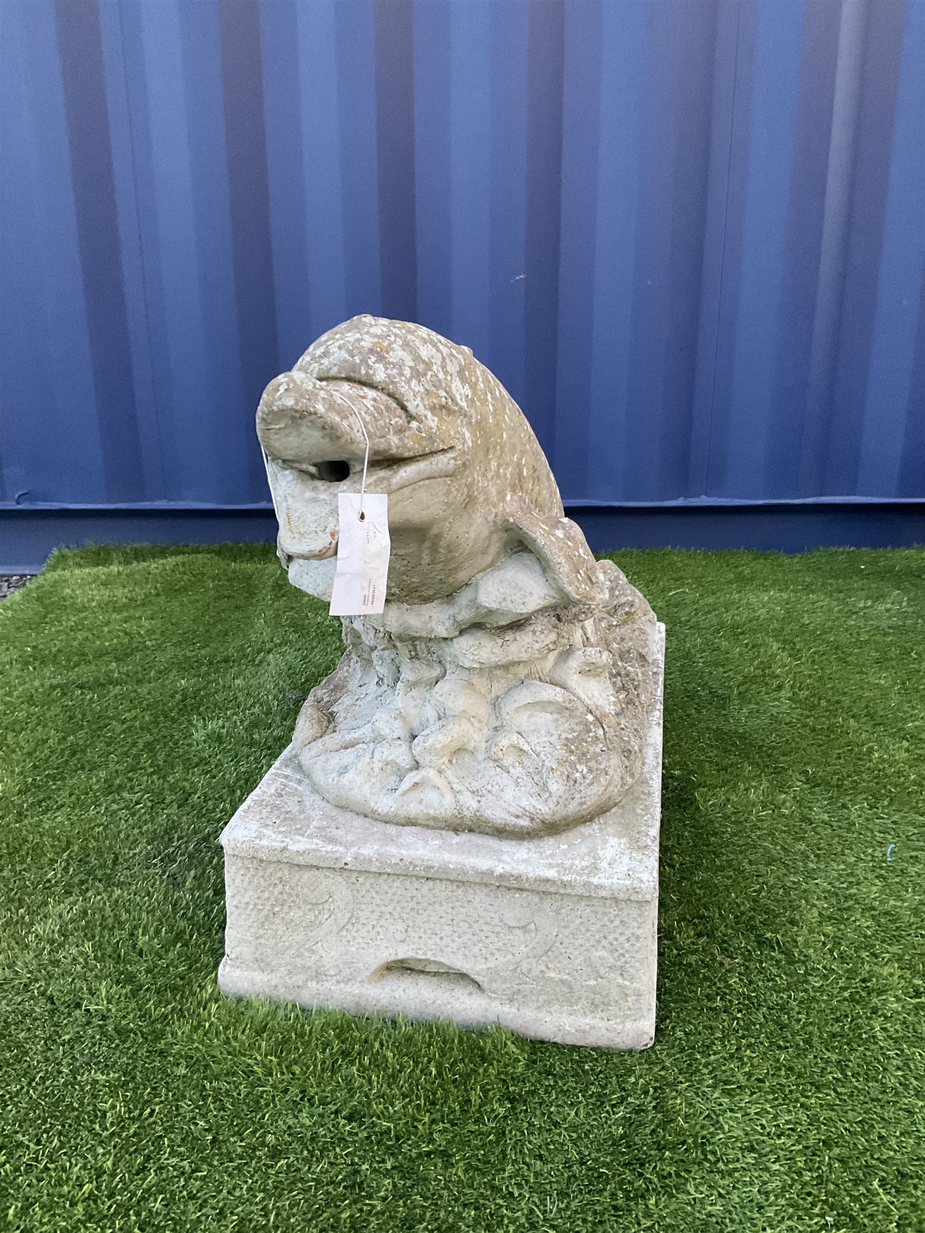 Composite stone dolphin garden ornament, on plinth  - THIS LOT IS TO BE COLLECTED BY APPOINTMENT FROM DUGGLEBY STORAGE, GREAT HILL, EASTFIELD, SCARBOROUGH, YO11 3TX