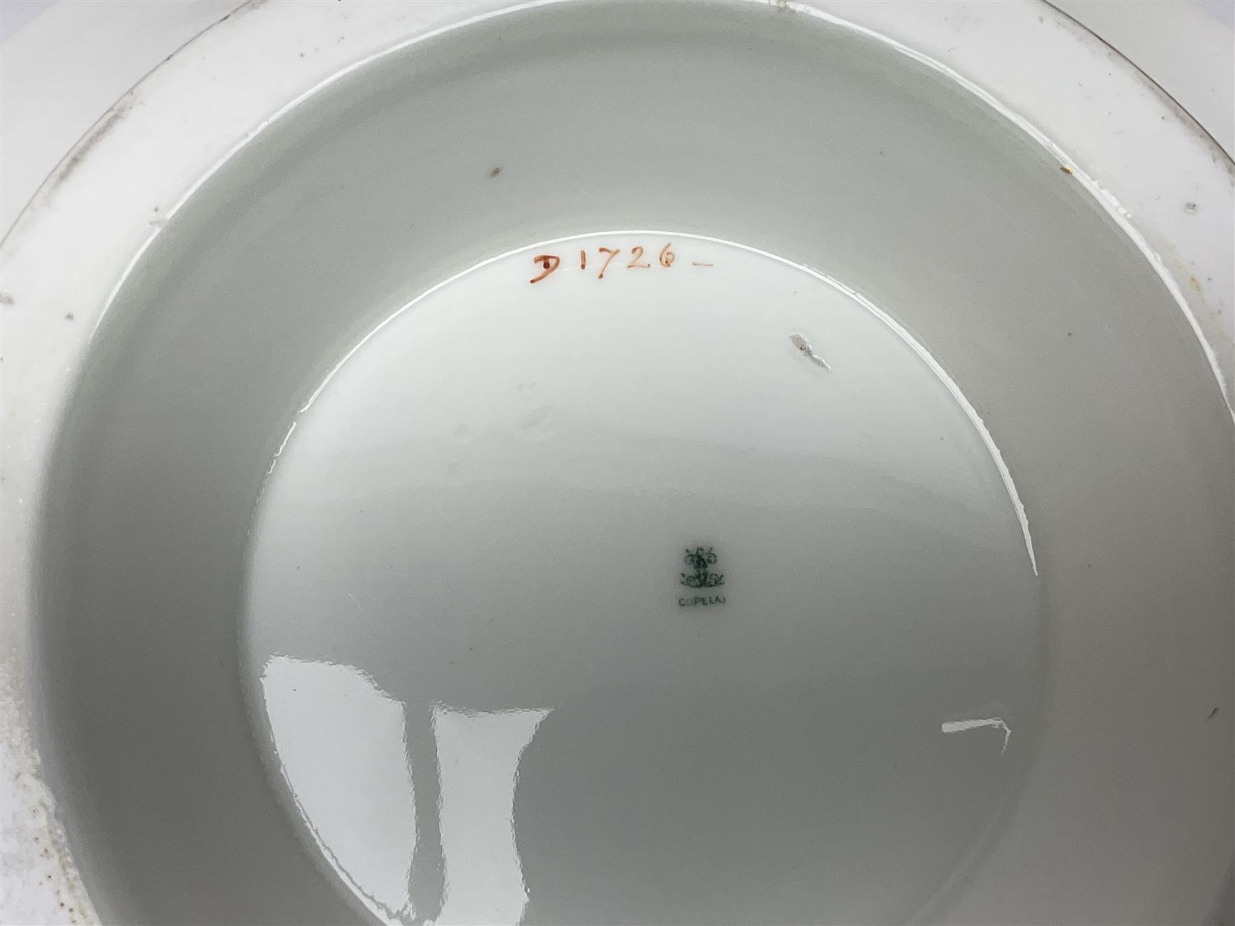 Victorian Copeland, Botanical dessert service, decorated with floral sprigs to the centre with a pink and gilt border, comprising five comports and seven plates, largest comport H20cm, plate D22cm