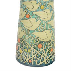 Dennis Chinaworks 'Time Flies' 20th Anniversary vase, designed by Sally Tuffin dated 2013 and numbered 8, of tapering cylindrical form with flared rim, decorated with doves upon a tube lined blue/green ground, with impressed and painted marks beneath, H24cm