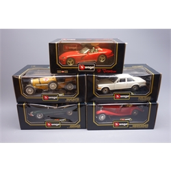  Bburago - five large scale die-cast models comprising Bugatti Grand-Prix (1935), Mercedes Benz 500K Roadster (1936), Rolls Royce Camargue, Dodge Viper RT/10 (1992) and Jaguar E Cabriolet (1961), all boxed  