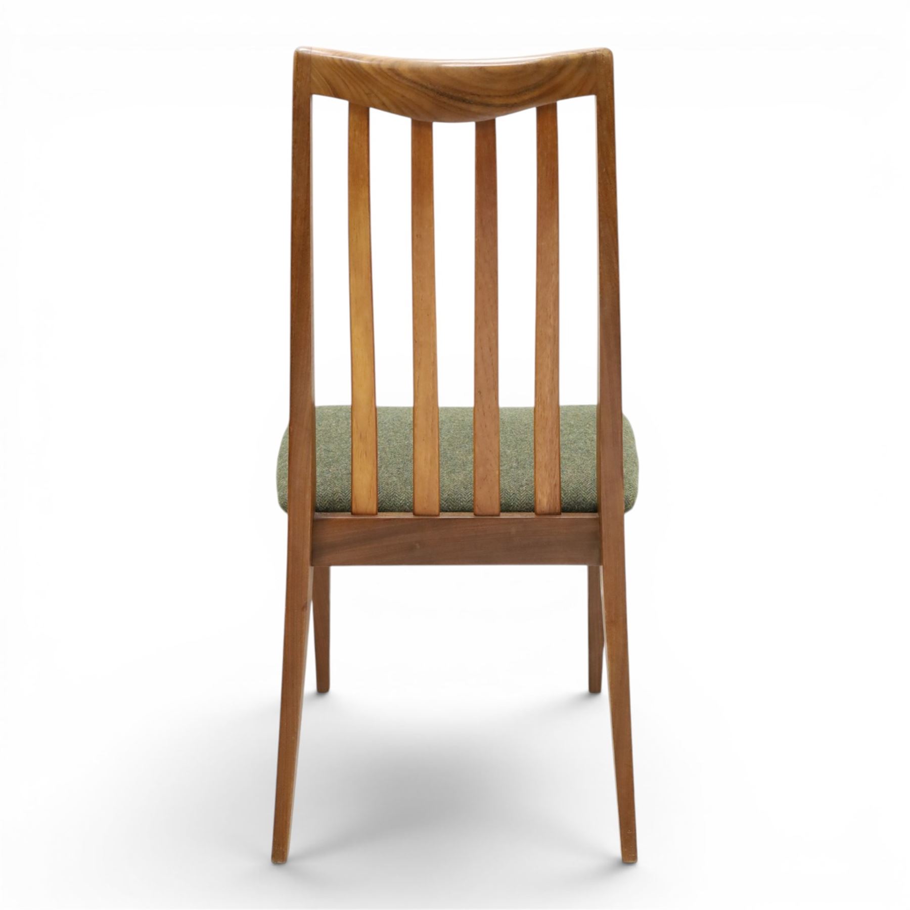 G-Plan - 'Fresco' set of teak eight dining chairs, reupholstered in green tartan and green harris tweed fabric 
