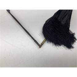Victorian silk mourning parasol with a collapsible wooden handle, together with a late Victorian red ostrich feather fan and cream mink stole with silk lining 