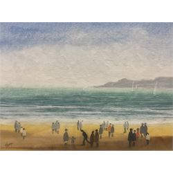 Brian Shields 'Braaq' (Northern British 1951-1997): Figures on the Beach, mixed media signed 'Casey' 16.5cm x 22cm 
Provenance: private collection, purchased Adam Partridge 26th September 2013 Lot 919; commissioned by the previous vendor directly from Shields in 1981, signed 'Casey' after the artist's Old English Sheepdog to differentiate them from his other works being sold at the time.