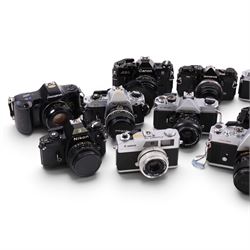 Collection of cameras, Nikon EM, Fujica ST605, Olymous OM2, etc