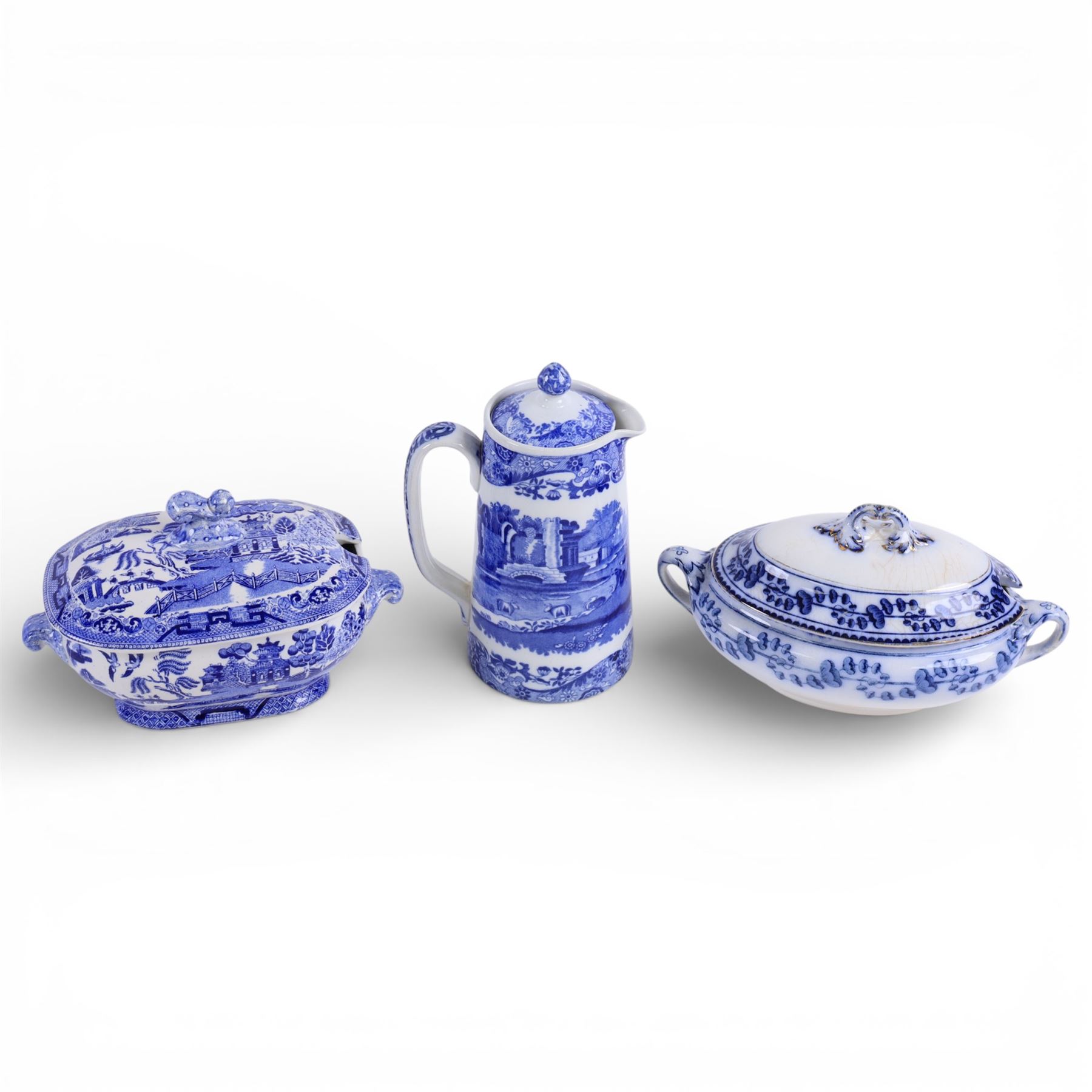 Spode Italian pattern teacup and saucer, together with hot water jug, cake plates etc and other blue and white 