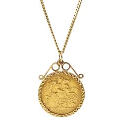 King Edward VII 1908 gold half sovereign coin, loose mounted in 9ct gold pendant, on 9ct gold necklace chain