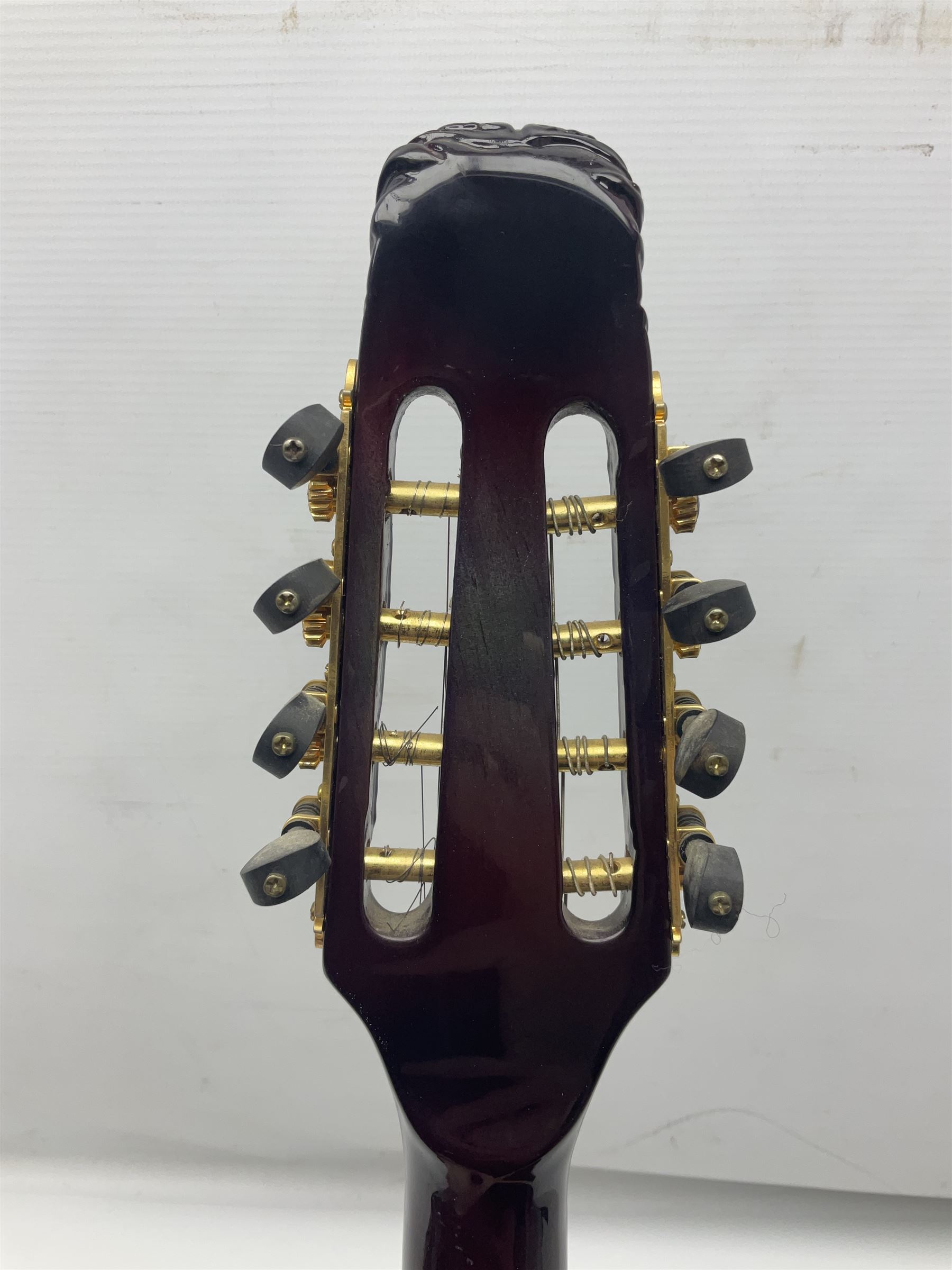 Chinese F-hole eight-string mandolin with sunburst finish, mother-of-pearl inlay of dragons chasing the flaming pearl and dragon carved headstock L71cm