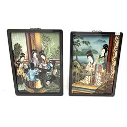 A pair of Chinese back-painted glass pictures depicting geisha, including frames H58cm L43cm.