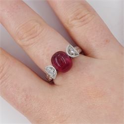 18ct white gold pink tourmaline and diamond ring, single oval cabochon cut tourmaline of approx 4.75 carat, set with a half moon cut diamond either side, to engraved laurel leaf design shoulders