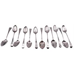 Two sets of six George III silver Old English pattern teaspoons, the first set hallmarked Dorothy Langlands, Newcastle, no date letter visible, the second set hallmarked Peter & William Bateman, London 1813, approximate total weight 4.82 ozt (150 grams)