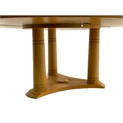 Chris Berry for Berrydesign - contemporary bespoke solid light oak dining table, circular top over ring turned triple pedestal with triform base