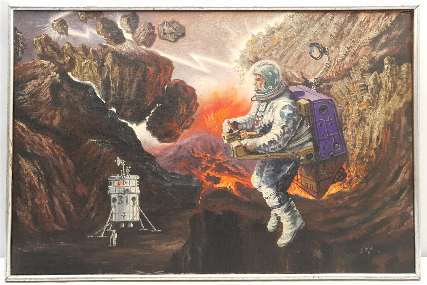 Keith Sutton (British 1924-1991): 'The Rose' - Spacemen Returning to a Devastated Earth and Finding a Single Rose, oil on canvas signed 50cm x 76cm