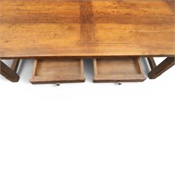 Country pine draw leaf table, bench seat and six chapel chairs, the top of plank construction, with two frieze drawers, additional leaves extending to 320cm, with bench seat and six elm chapel seats