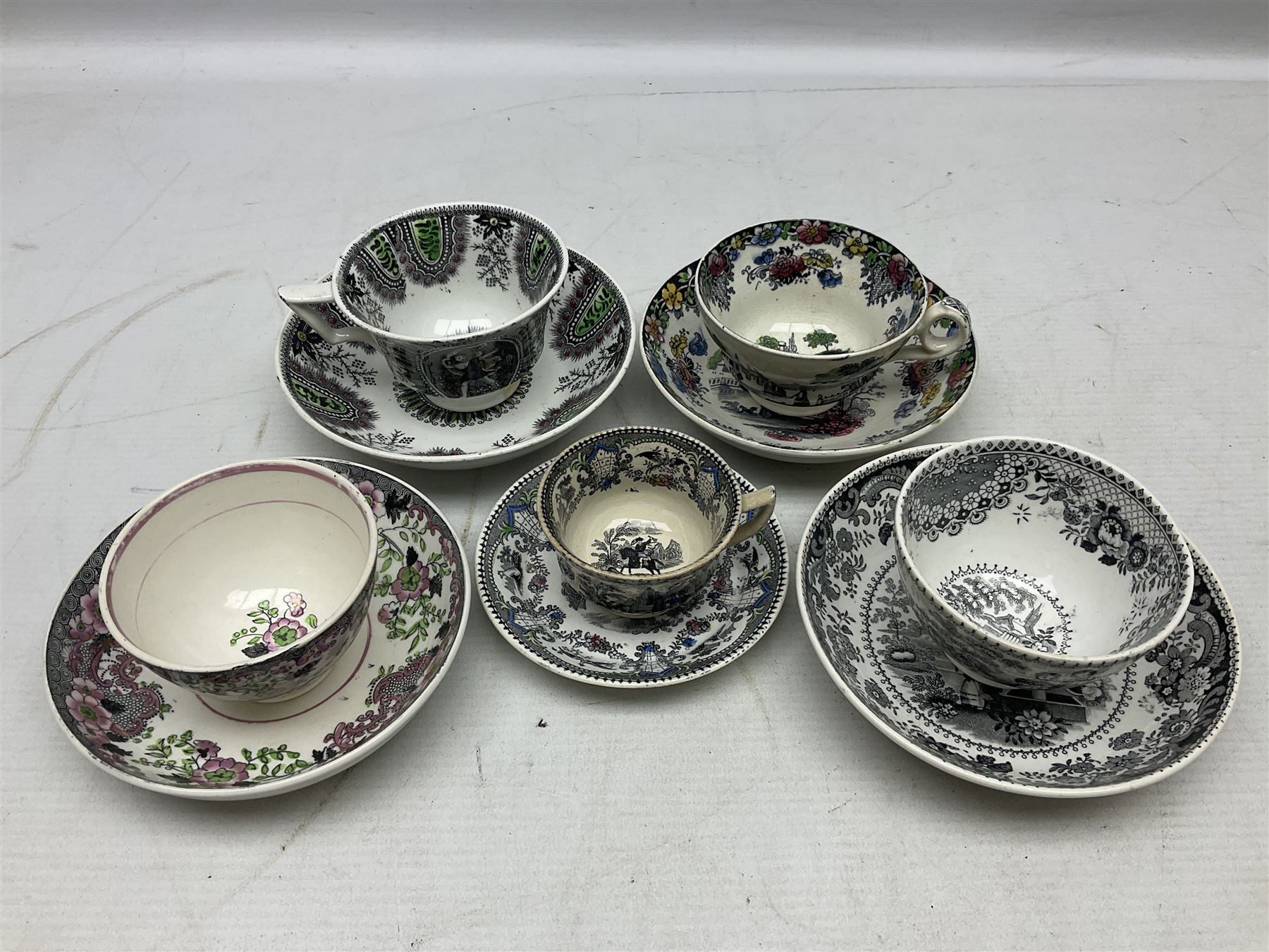 Collection of 19th century tea wares by William Smith & Co, decorated in various patterns including Cupid, Tally Ho and Fountain 