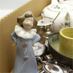 Wedgwood Sandon tea set for six, Spode Italian dish, Lladro goose, Nao figure, silver-plated items etc in one box