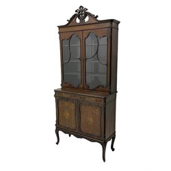 Edwardian inlaid mahogany display cabinet, fitted with two glazed doors above two drawers and two cupboards