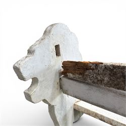 Composite stone white painted garden lion bench, the end supports in the form of standing lions, with pegged back and seat slats