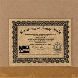 Four limited edition Dynamic Forces Marvel prints, comprising Universe X Premiere lithograph remarked and signed by artist Alex Cross limited no. 21/99, X-Men Death of Phoenix signed by artist Jae Lee, limited no. 7/1980, both with certificate of authenticity and two unsigned prints The Punisher and The Xmen, largest H67cm, W38cm (4)