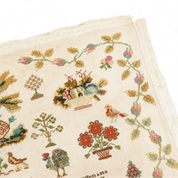 19th century needlework sampler by Elizabeth Bottomley aged 8, 1836 with large building to the centre with trees, verse, flowers 58cm x 52cm unframed