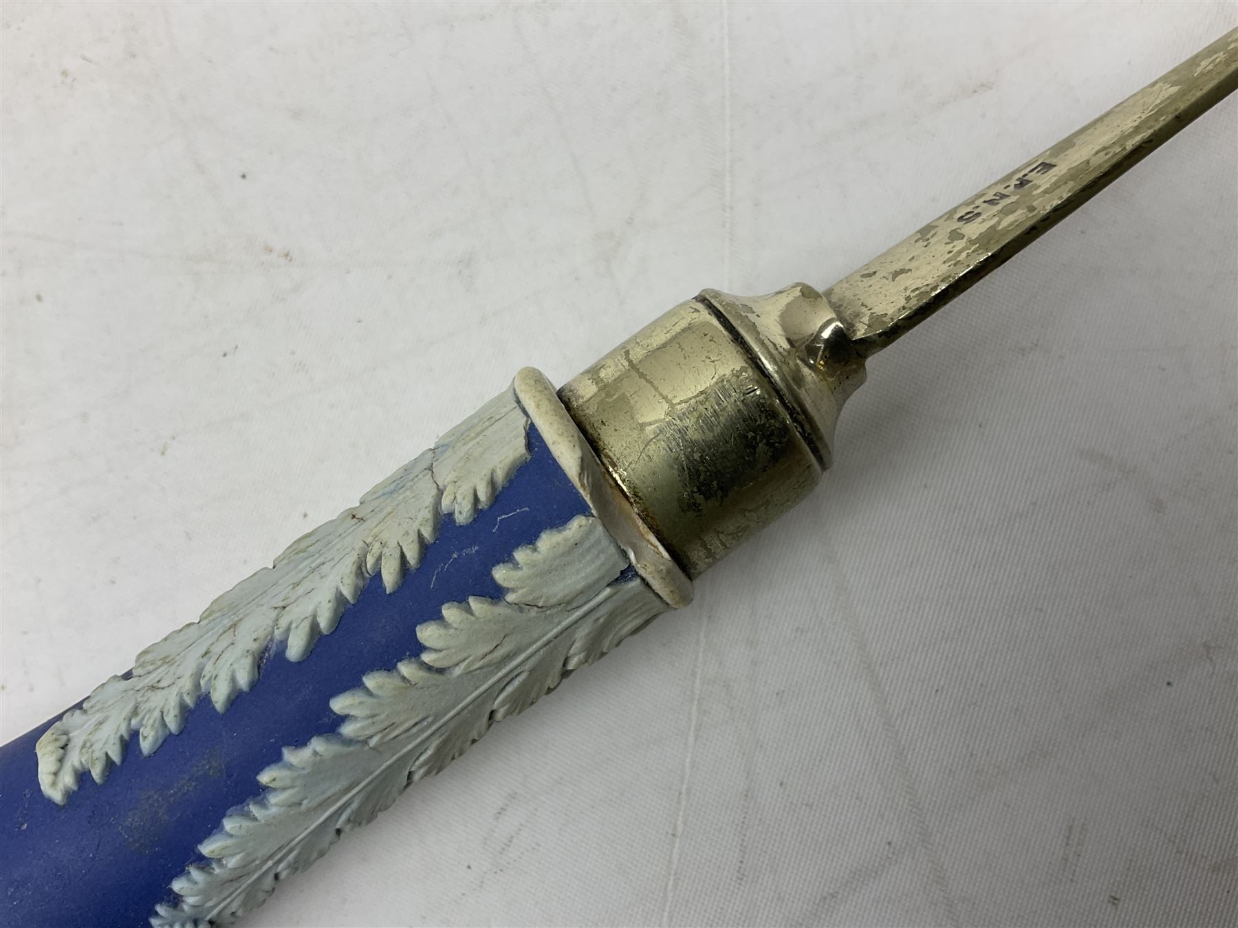 Wedgwood blue Jasperware salad bowl with silver plated collar and matching servers, bowl D22.5cm