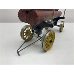 Mamod steam traction engine with log wagon and load, finished in black and yellow, with burner, total L60cm; and MSS live steam 0-4-0 tank locomotive on track section (4)