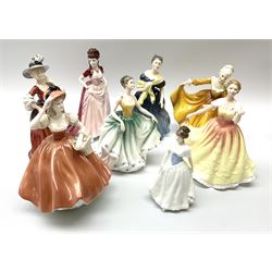 Eight figures; five Royal Doulton, Kirsty, Melody, Deborah, Cynthia, and Adrienne, two Coalport figures, Flora and Joanne and one Francesca art ceramics Sarah. 