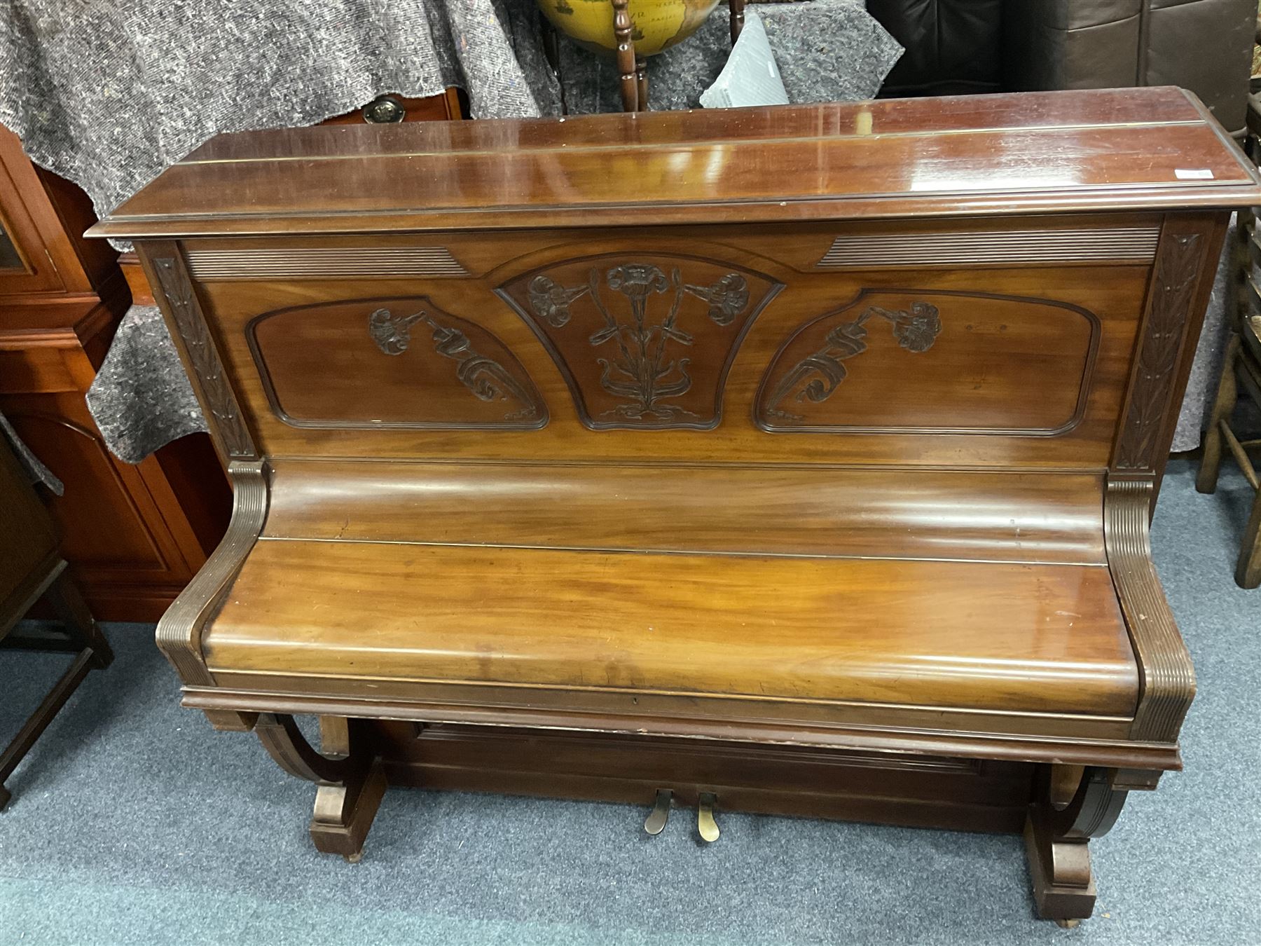 Early 20th century mahogany cast iron overstrung upright piano by Wilhelm Menzel Berlin