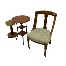 Late 19th century walnut occasional table, spoon back chair and a piano stool