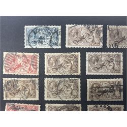 Great Britain King George V seahorse stamps, comprising fourteen half crown, seven five shillings and two ten shillings, all used, all previously mounted