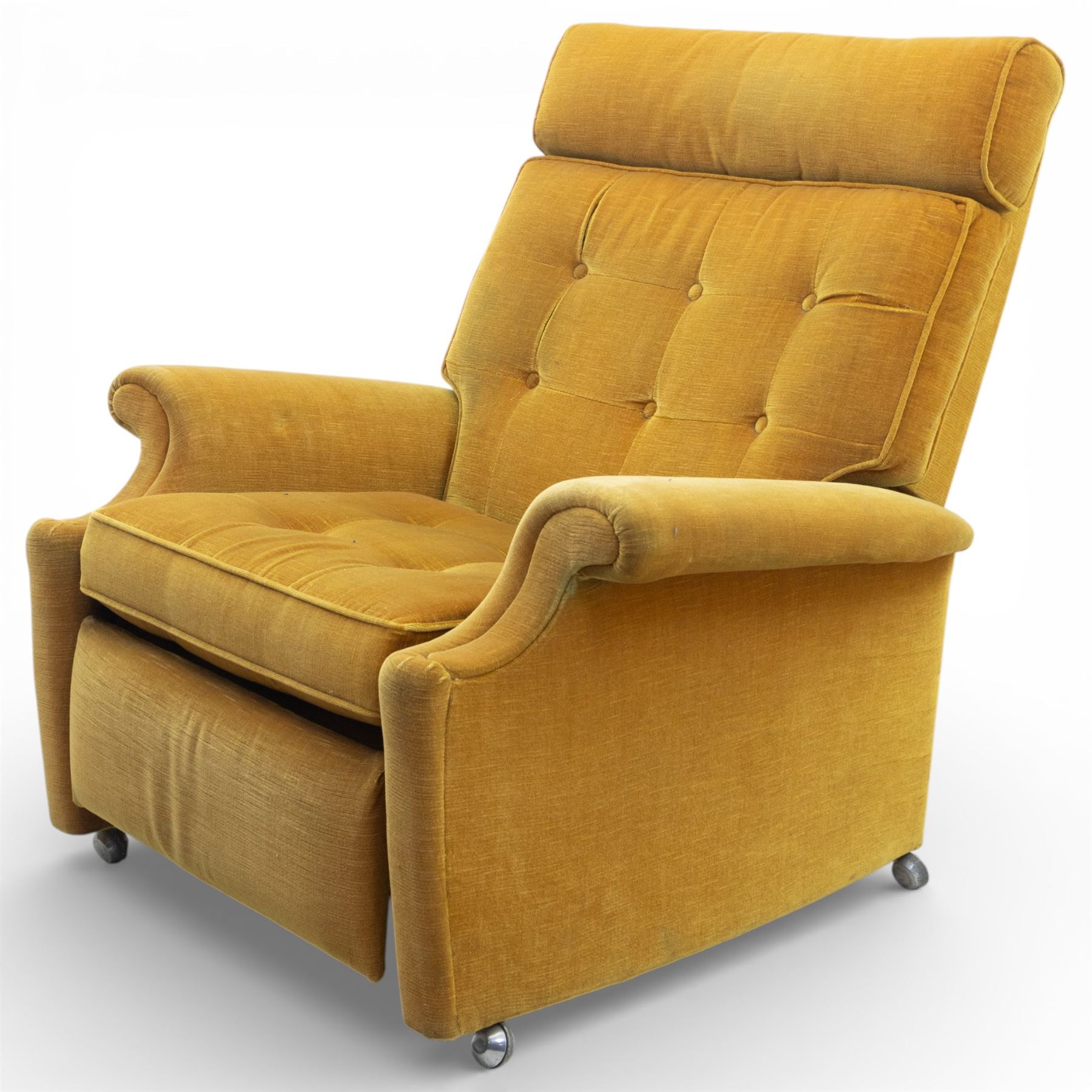 Parker Knoll - Golden yellow velour recliner, raised on castors