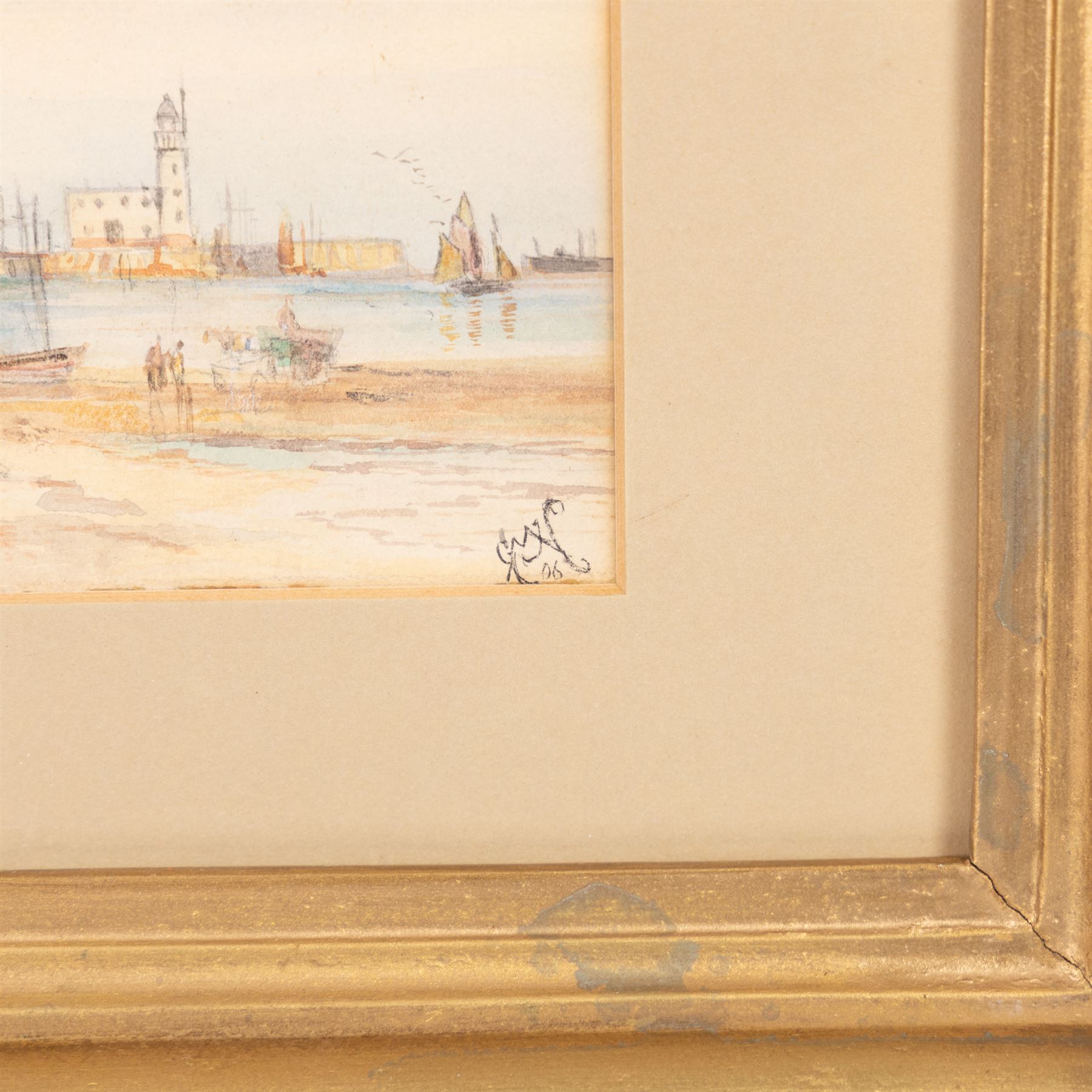 English School (19th Century): Ships at Sea, watercolour signed, in carved Florentine gilt frame, frame overall 34cm x 41cm; GWC (19th Century): Scarborough Beach, watercolour signed with monogram and dated '06, 9cm x 13cm (2)