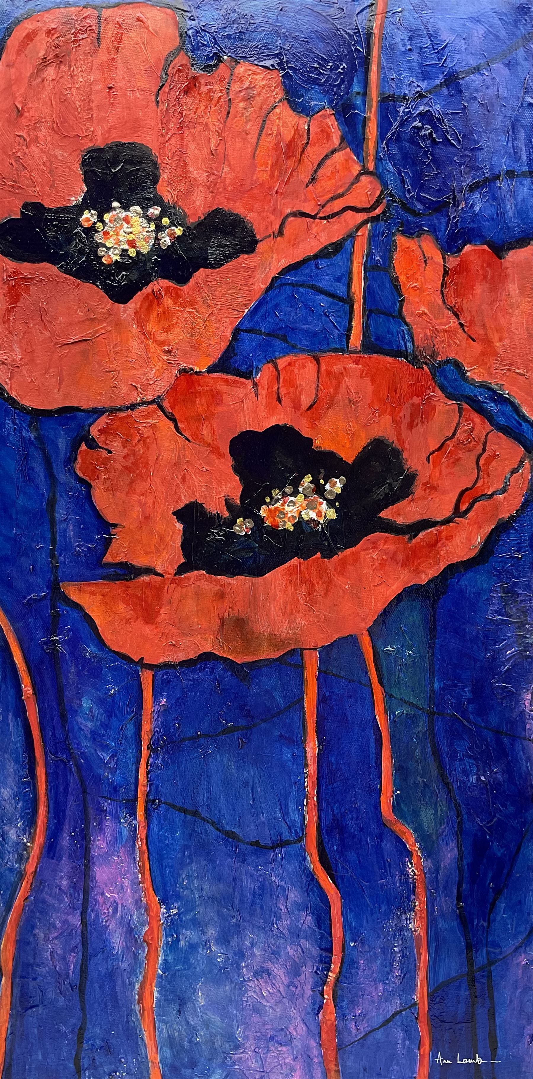 Ann Lamb (British 1955-): 'Poppies Popping', mixed media on canvas signed 60cm x 30cm