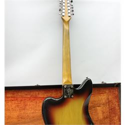 Fender three-tone Sunburst 12-string electric guitar c1965/6 Fullerton USA, with alder body and maple neck, the Indian rosewood fretboard with twenty-one frets and pearloid dot markers, fender electric XII bridge, F-stamp tuners (non-original), two split single coil pick-ups, master volume and tone and four-way switch, serial no.129730, L108cm; in original Fender case bearing label for Rivington Guitars New York with copy of original invoice; together with GuitarKes set-up and service certificate dated October 2021
