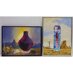 MS UI Gothic Vase in Landscape, two Surrealist oils on board signed by Don Micklethwaite (British 1936-) 29cm x 39cm (2)  