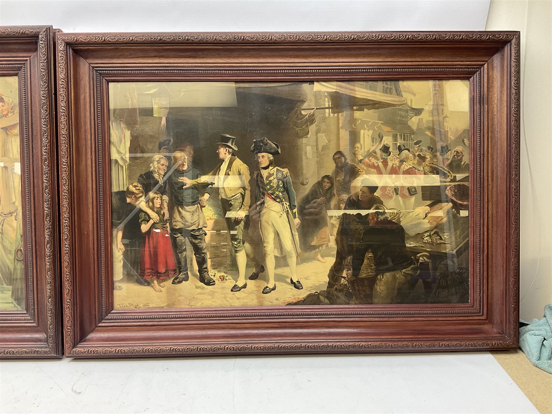 After Fred Roe, pair of colour prints of Lord Nelson, one titled 'Good-bye My lads', the other depicting Nelson walking through the streets of Portsmouth, 52 x 81cm, modern mahogany frames (2)