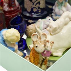 Bevelled glass ormolu jewellery casket, bohemian glass examples, half dolls, beswick items including pig and piglet, Royal Worcester 'Sleepy Boy' figure etc