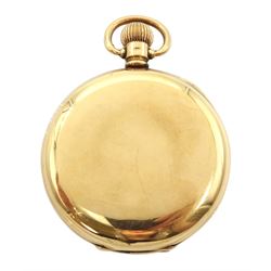 Early 20th century 9ct gold open face, keyless 'Traveler' lever pocket watch by American Watch Company, Waltham, No. 17878530, white enamel dial with Roman numerals and subsidiary seconds dial, case by Dennison, Birmingham 1912