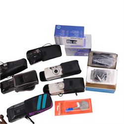 Collection of compact cameras, including Yashica, Minolta and Praktica examples, Boots binoculars, two Pentacon lenses and other accessories
