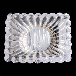  Glass vanity dish and pair of lidded vessels, retailed by Harrods, dish L17cm, H7cm