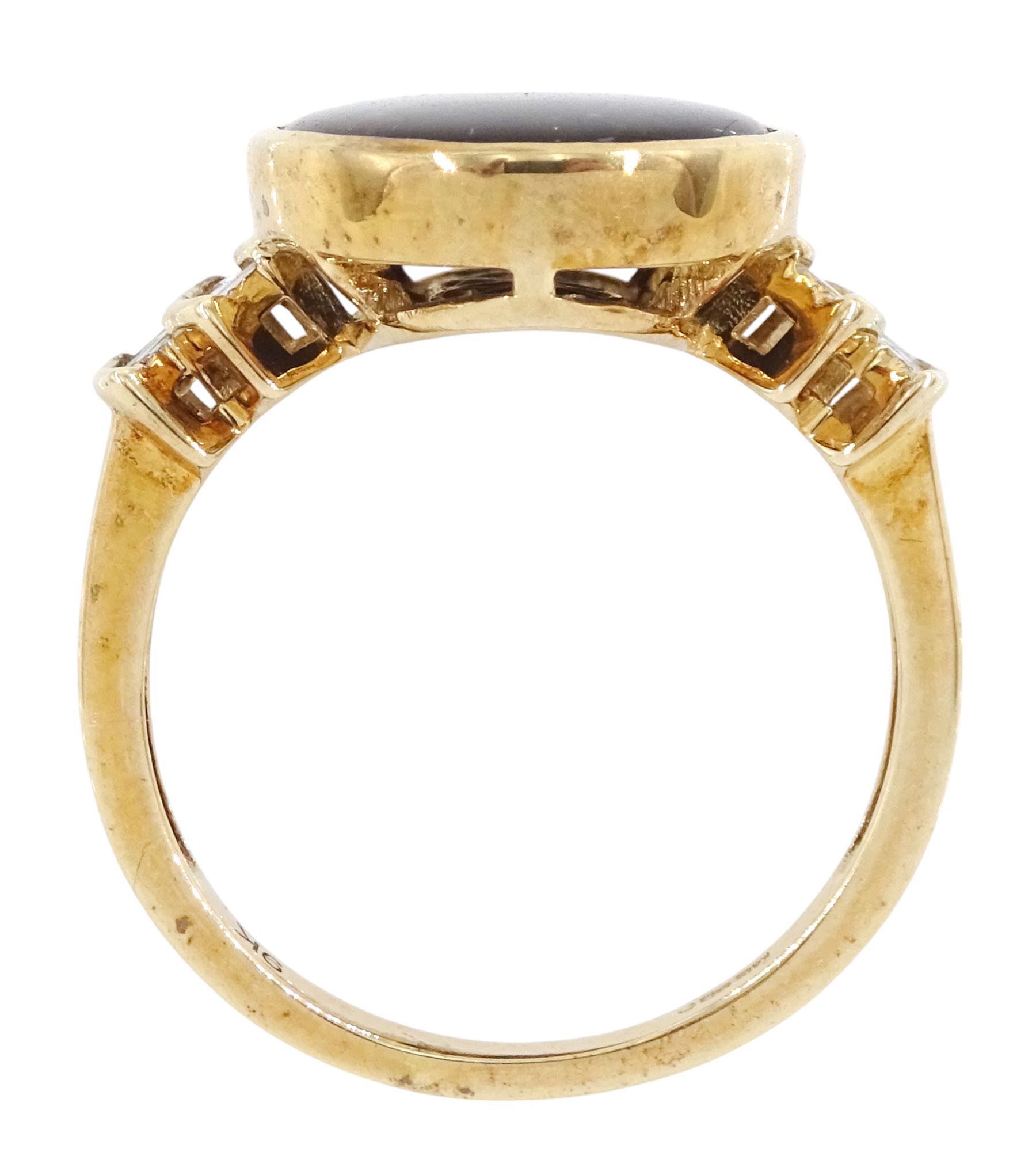 9ct gold ammolite ring, with tapered baguette cut diamond shoulders, hallmarked