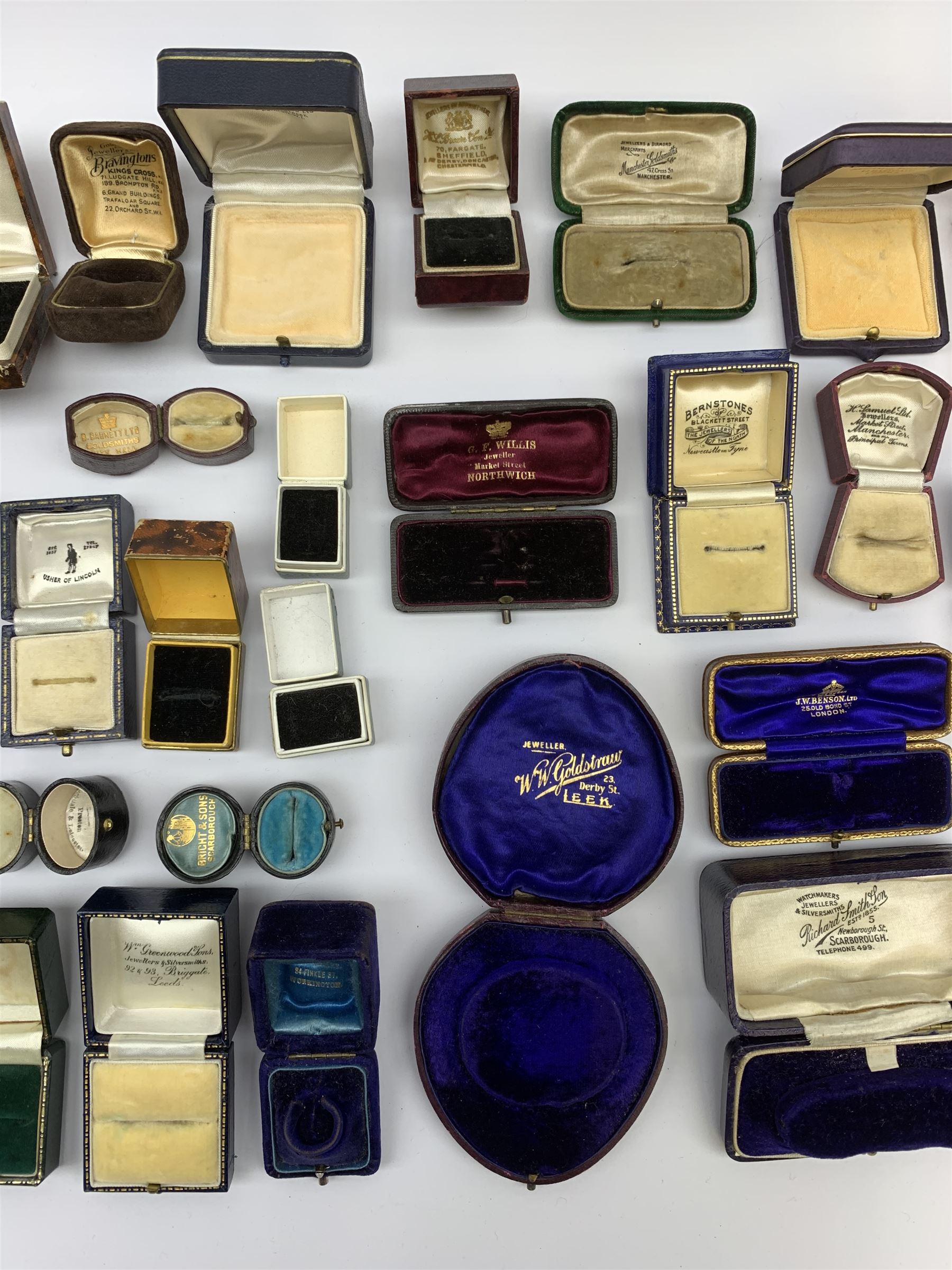 A collection of 19th/ early 20th century jewellery boxes to include Bell Brothers, J. W. Benson, W.W. Goldstraw, Anderson, Richard Smith & Sons, Mason & Son etc 